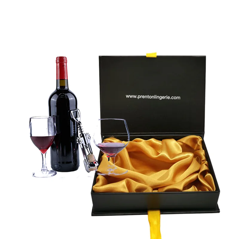 Black Carton Cardboard Paper Wine Glass Bottle Packaging Gift Boxes With Ribbon Customized Magnetic Paperboard Box for Packing packaging reference