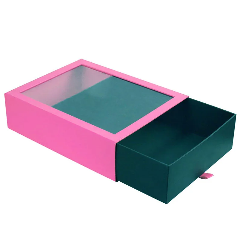 Clear Window Customized Logo Cardboard Paper Drawer Gift Box Packaging Rigid Slide Gift Sliding Box With Ribbon Handle packaging reference