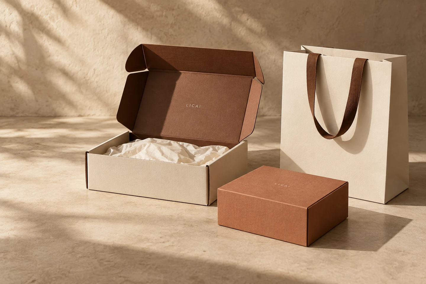 LICAI packaging design concept with a mailer, gift box and paper bag